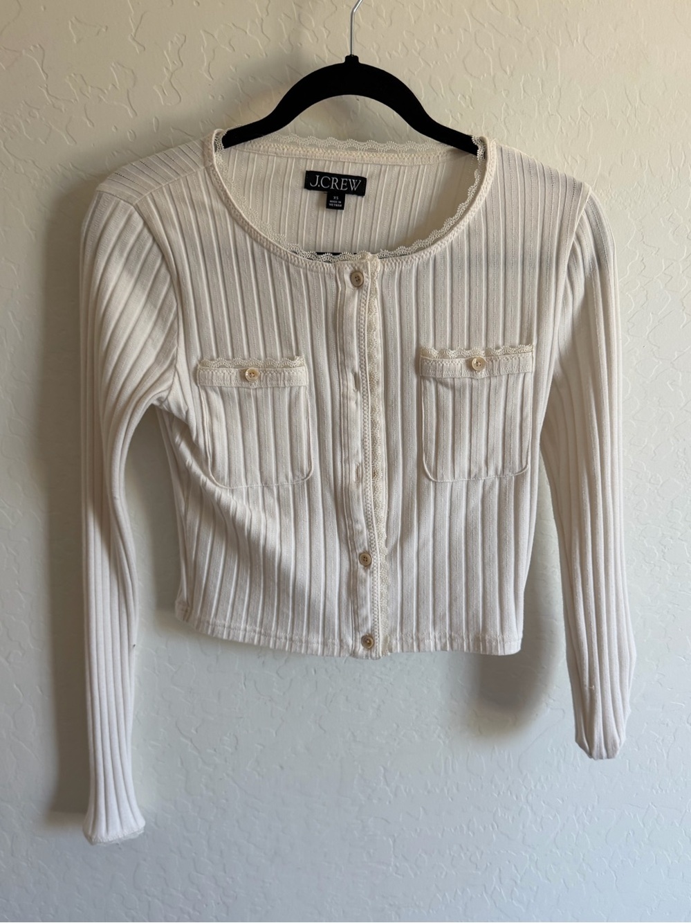 J.CREW Cream Ribbed Lace-Trim Cardigan Top | Size XS